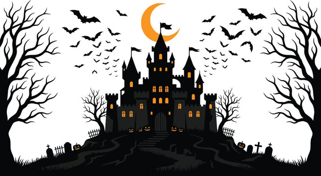 Spooky halloween day castle illustration bats pumpkins and a creepy haunted house scene