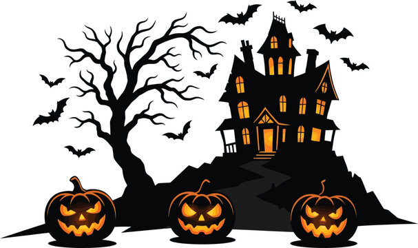 Spooky halloween day scene haunted house jack o' lanterns bats and bare tree illustration