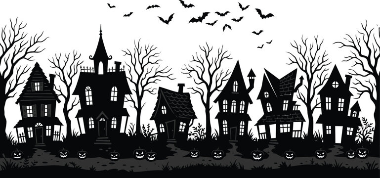Spooky halloween day silhouette haunted houses jack o' lanterns and bats on a dark night