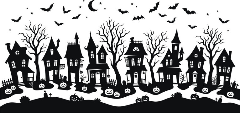 Spooky halloween day silhouette haunted houses bats and jack o' lanterns for festive decor