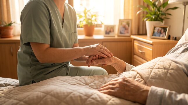 Compassionate nurse providing support and comfort to an elderly patient by holding hands in a warm hospice environment