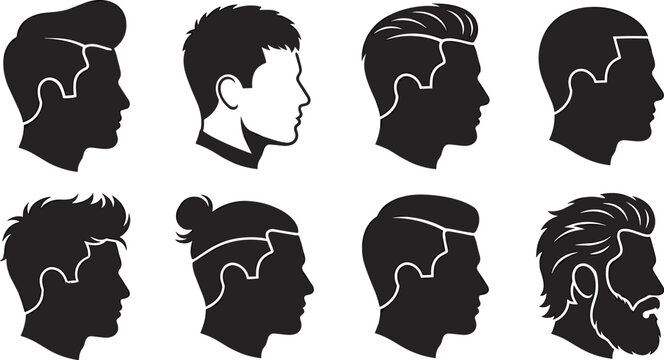 Collection of male head silhouettes showing various hairstyles including pompadour, buzz cut, man bun, and beard styles in black color