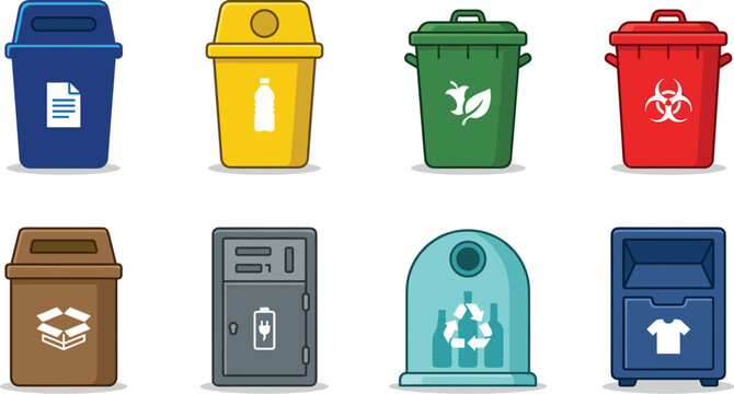 Set of eight colorful recycling and waste management bins with various waste type symbols on a white background