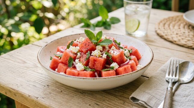 Refreshing watermelon salad with feta cheese and mint, served outdoors on a rustic wooden table.