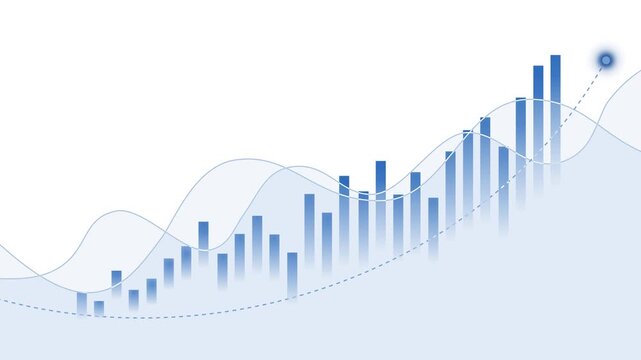 Minimalist wave and bar data visualization animation, Minimalist abstract graphic showing overlapping wavy shapes and vertical bar chart elements