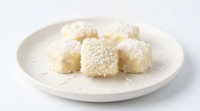 Delicious white chocolate coconut squares arranged on a simple white plate, a sweet treat.