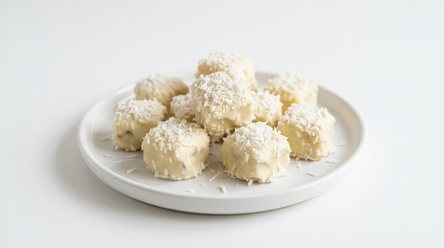 Delicious white chocolate and coconut treats artfully arranged on a plate