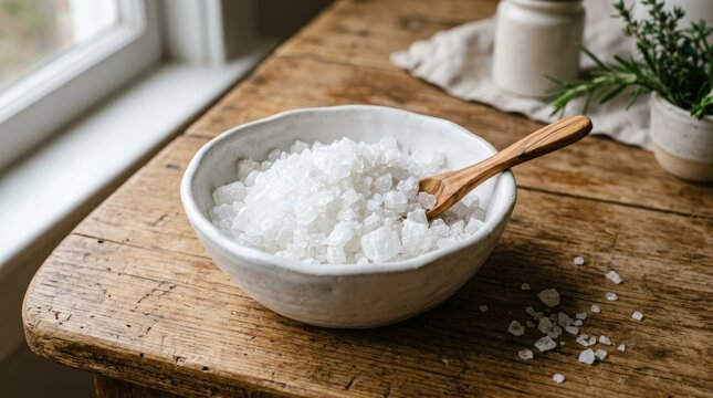 Rustic bowl overflowing with coarse sea salt and wooden spoon on weathered wooden table