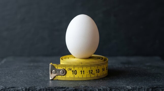 Measuring the perfect egg with a yellow tape measure against a dark background