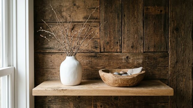 Minimalist vase with dried branches and bowl of stones on rustic wooden shelf