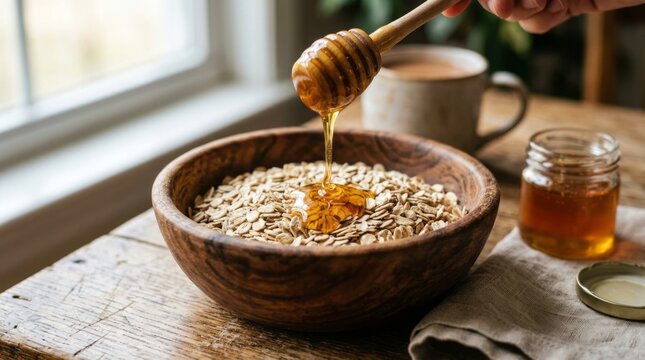 Sweet honey drizzling onto a bowl of healthy oatmeal for a delicious breakfast.