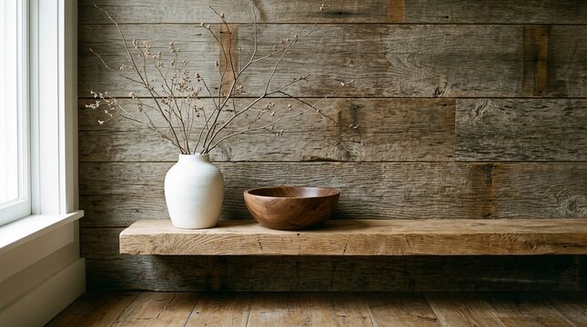 Rustic wooden shelf with simple vase and bowl evokes natural warmth and tranquility.