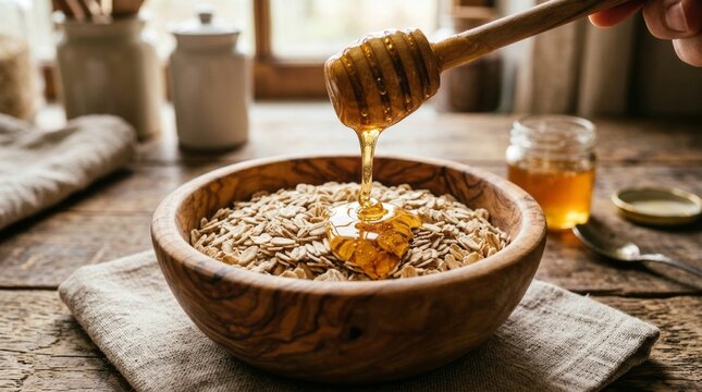Golden honey dripping onto a bowl of wholesome oatmeal in a rustic kitchen setting.