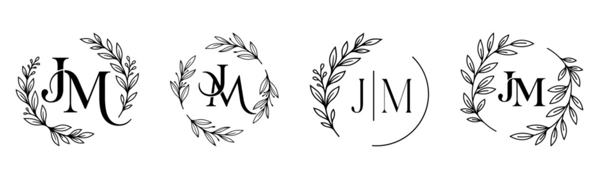 JM Monogram Logo Set with Elegant Floral Wreath and Botanical Initial Letters Vector