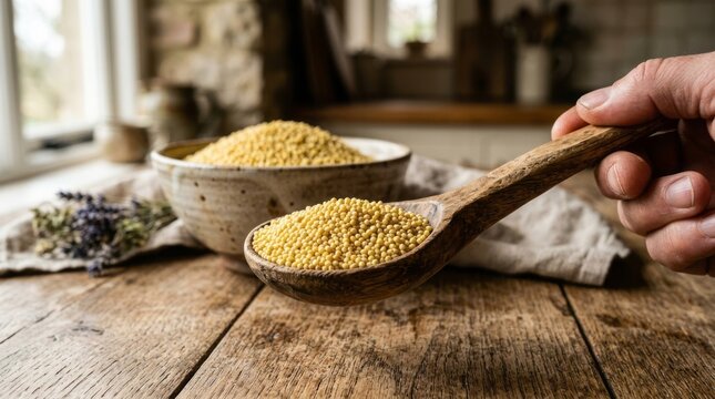 Hand holds wooden spoon filled with golden couscous over rustic table