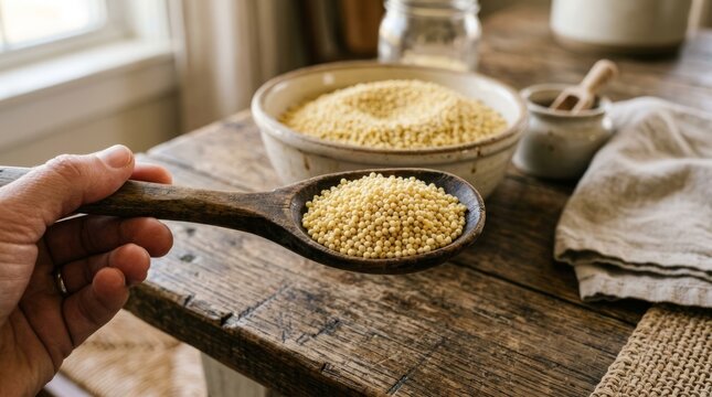 Hand holding wooden spoon filled with uncooked couscous over rustic table