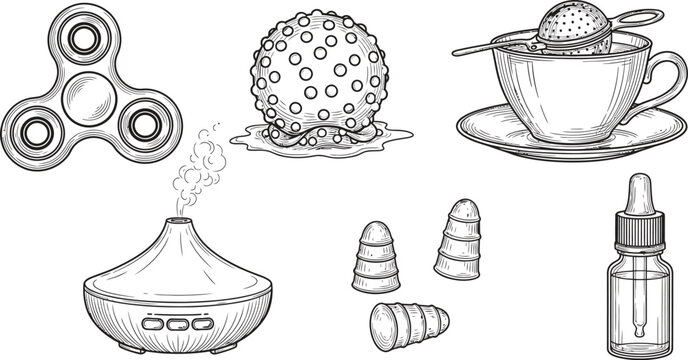 Collection of hand-drawn vector illustrations of everyday objects including a fidget spinner diffuser and tea for design concepts