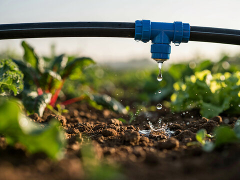 A blue plastic t-shaped irrigation connector attached to a black hose dripping water onto dark fertile soil in a vegetable garden at sunset