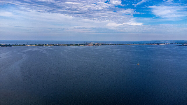 Aerial view of Burlington Bay and the Skyway Bridge.