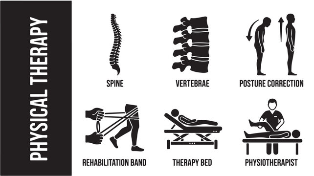 Physical therapy icons set including spine, vertebrae, posture correction, rehabilitation band, therapy bed and physiotherapist
