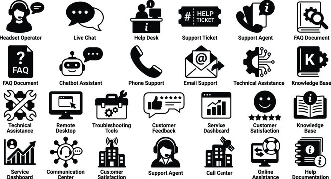 Customer support and helpdesk service icon set vector illustration featuring operator chatbot live chat troubleshooting tools communication silhouette clip art