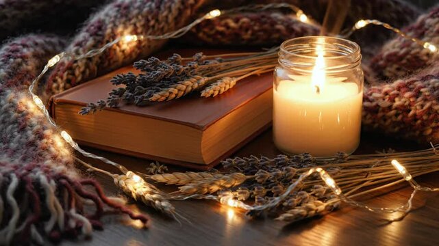 Cozy autumn still life with a lit candle, book, decorative plants, and warm string lights on wooden surface
