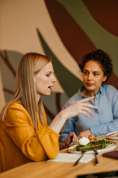 Women discussing project over lunch meeting in restaurant