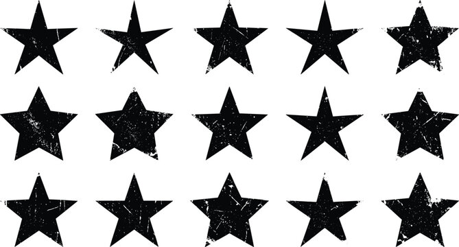 Collection of black grunge textured star shapes and silhouettes isolated on white background