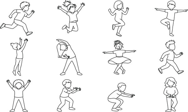 Kids Activity Line Icon Set Children Playing Exercise School Sports Vector Collection