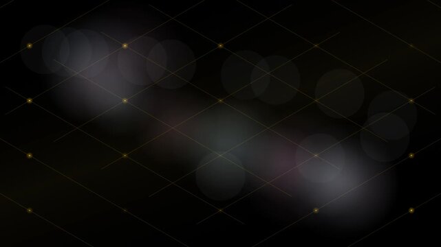 Abstract dark background with gold grid lines and glowing light bokeh
