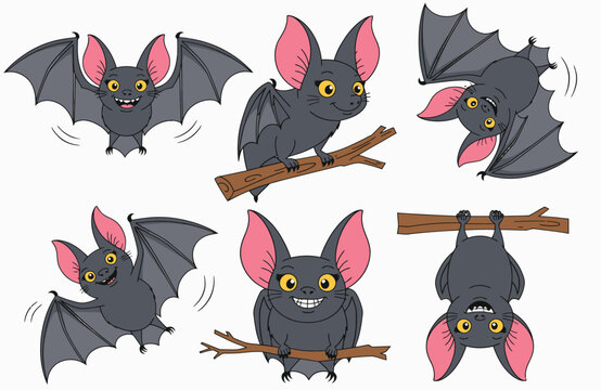 Cute cartoon bat character collection, funny little bats flying, sitting, and hanging on a branch vector set.