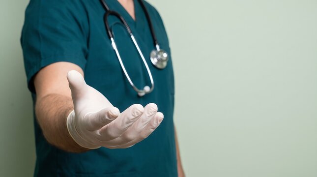 Professional healthcare worker in green scrubs extending a gloved hand for medical assistance and patient care