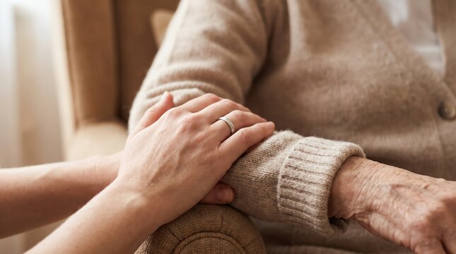 Compassionate Young Hand Holding the Arm of an Elderly Person Providing Support and Care