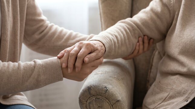 Compassionate Caregiver Providing Emotional Support to an Elderly Person by Holding Hands Gently