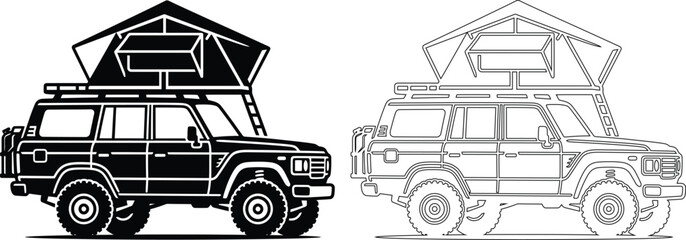 Offroad suv vehicle with rooftop tent for camping gear adventure expedition transportation vacation traveling automobile silhouette recreation © NXTall