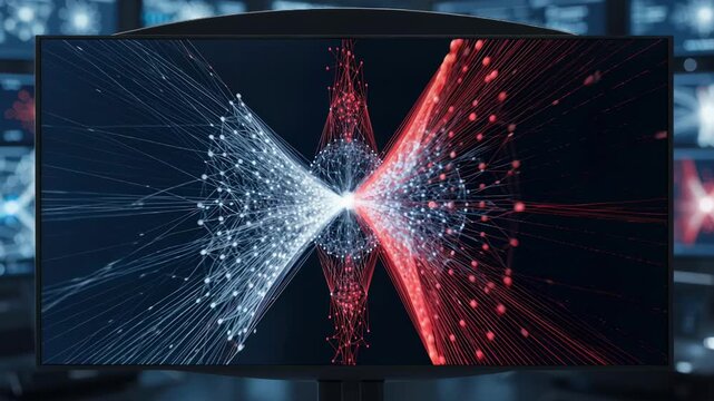 Focus on a large screen displaying stress test results of a credit portfolio digital twin with key performance metrics in clear view and the background blurred for emphasis.