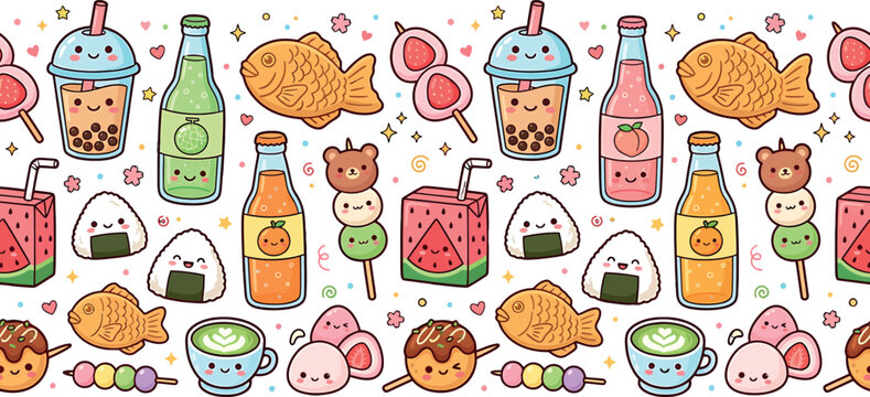 Seamless pattern with cute kawaii Japanese food and drinks including boba tea rice balls and snacks