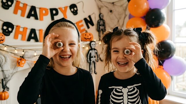 Two young girls playfully holding fake eyeballs on halloween with a spooky background