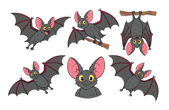 Cute cartoon bat character set, funny little bats flying, hanging, and head avatar vector collection.