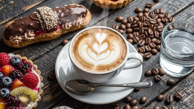 Morning coffee and sweet desserts on a rustic wooden table featuring latte art, pastries, and coffee beans