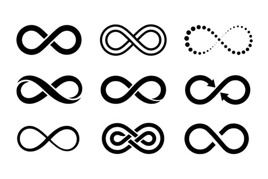 Set of infinity symbol variations in black on white background