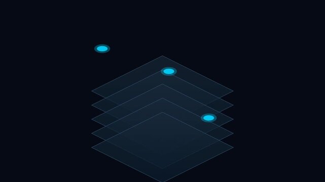 Abstract digital stack of glowing transparent layers with blue nodes