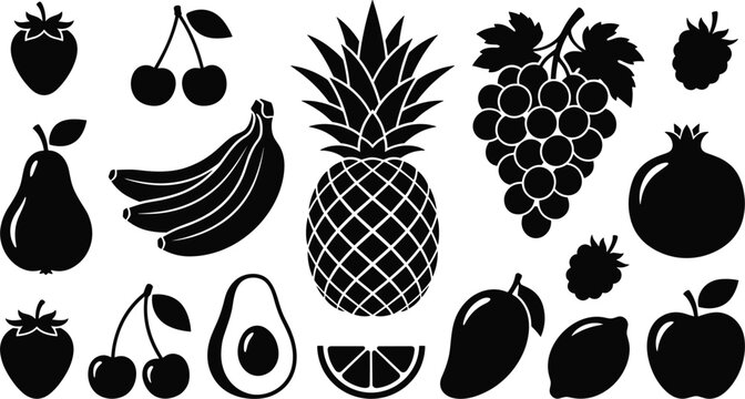 Fruit icon set vector illustration featuring pineapple banana grapes strawberry apple cherry pear mango avocado orange pomegranate silhouette clip art