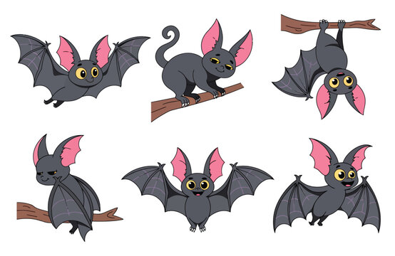Cute cartoon bat character set, funny little bats flying, sitting, and hanging on a branch vector collection.