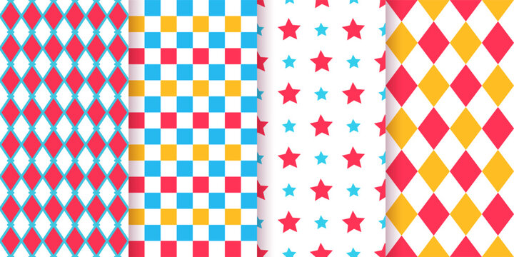 Harlequin lozenge backgrounds collection. Checkered diamond textures. Set blue red yellow rhombus plaid prints. Circus seamless pattern. Modern argyle geometric backdrops. Vector illustration.