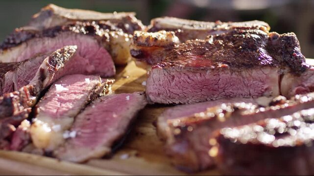 Coarse salt falling onto freshly grilled sliced steak with pink center on a wooden cutting board outdoors