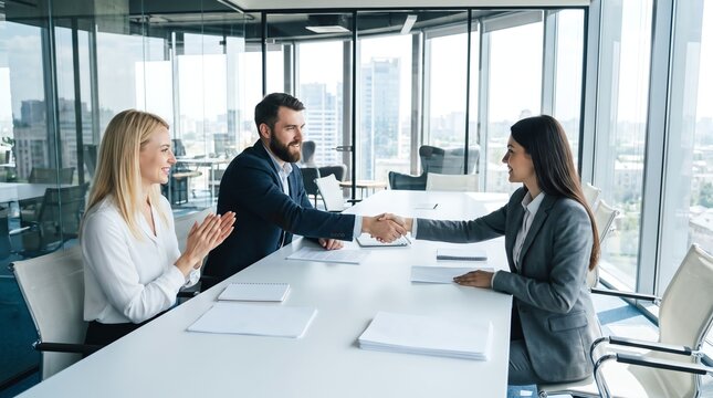 Professional Business Colleagues Shaking Hands and Concluding a Successful Meeting in Modern Office