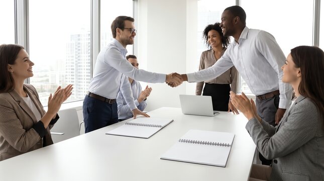 Diverse colleagues shaking hands during business meeting in modern office setting with team applauding success