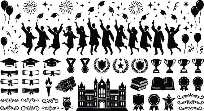 Graduation party celebration element set vector illustration featuring jumping graduates cap throw university building diploma trophy confetti silhouette clip art