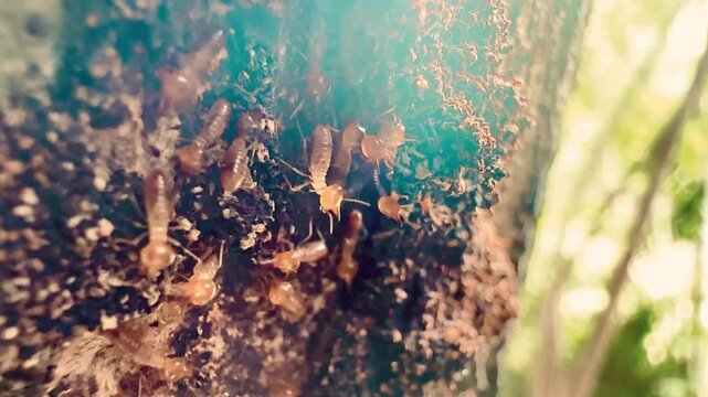 Close-up slow-motion video of termites active walking and building a mud nest on a big tree trunk in the tropical rain forest with a blurry vibrant green nature foliage bokeh background.